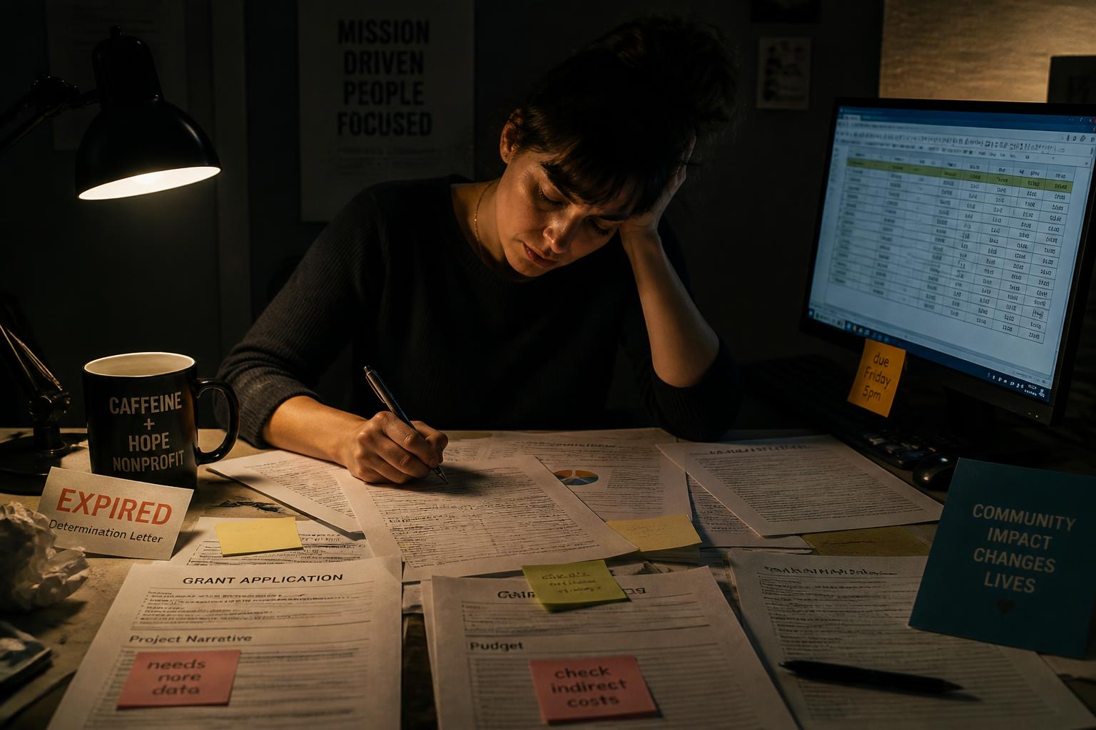 A grant writer working late at a desk covered in printed applications and budget sheets